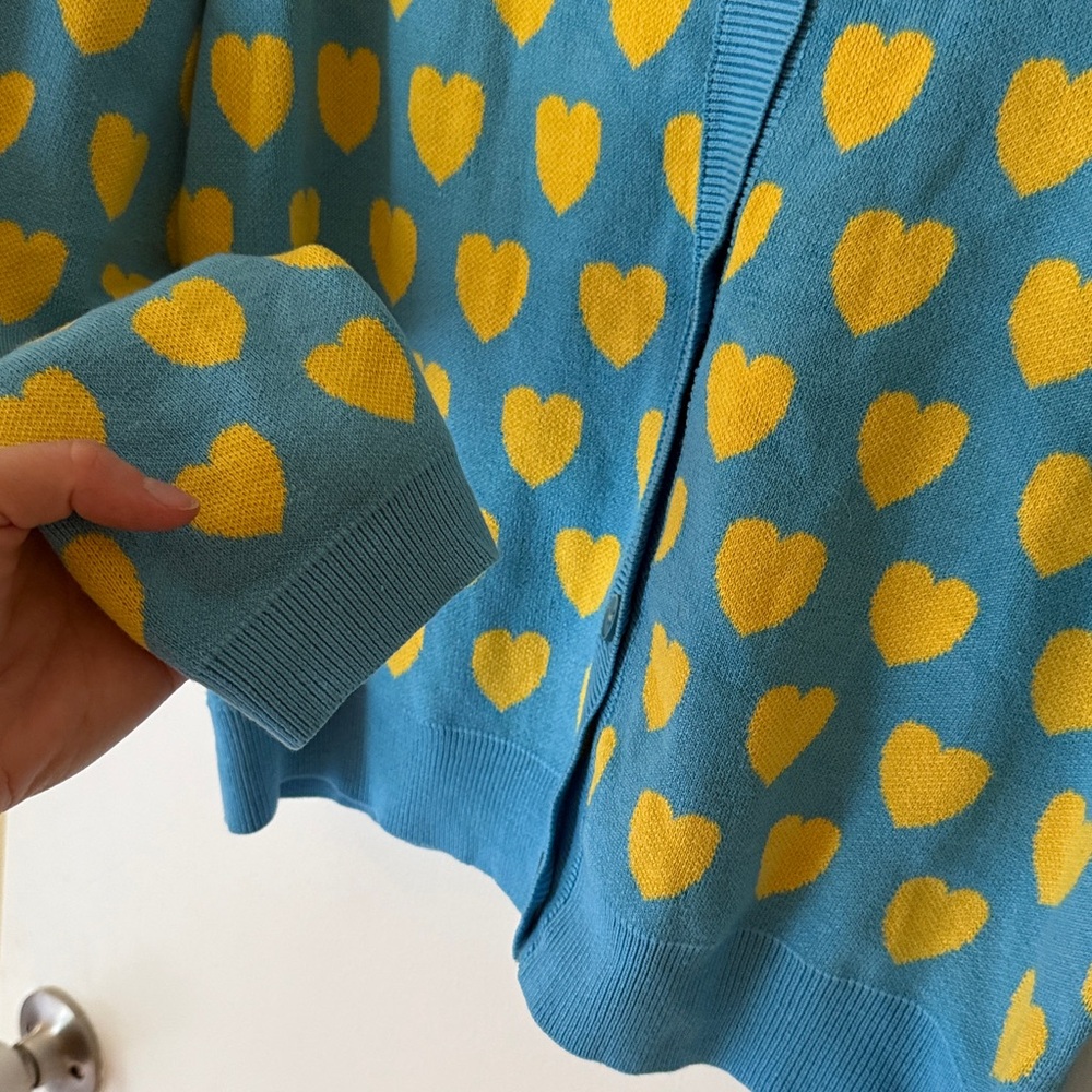Blue and Yellow Heart Pattern Button Up Sweater Cardigan - Picture 6 of 7